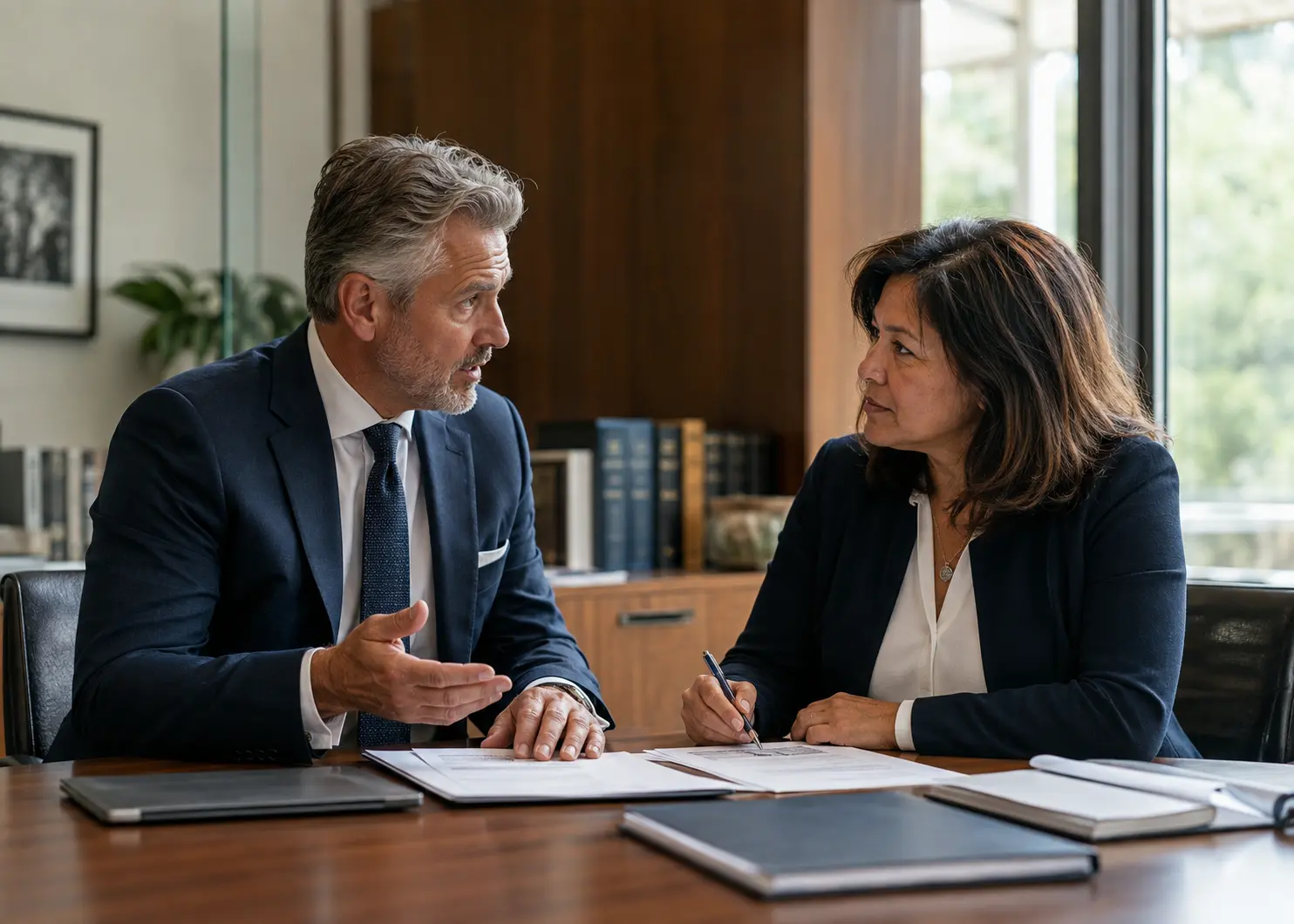 Law firm partner and administrator discussing technology priorities