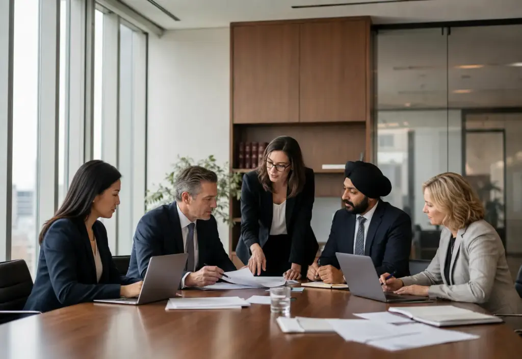 Lawyers and professional staff collaborating in a modern Canadian law office