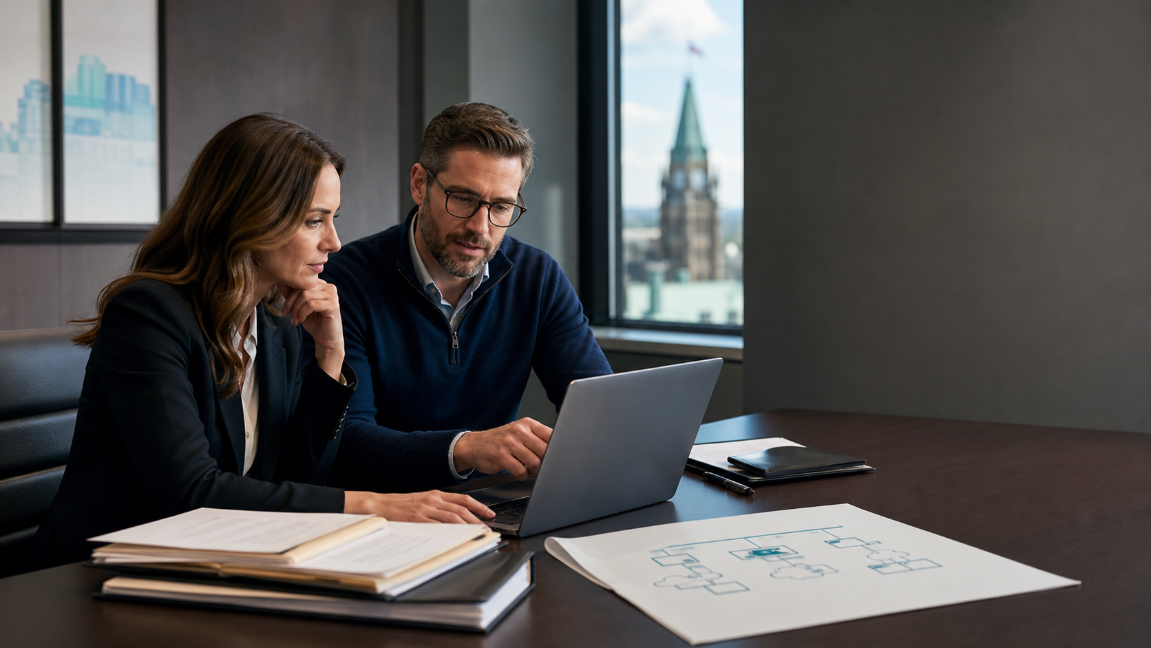 Law firm professional and IT advisor collaborating over secure technology