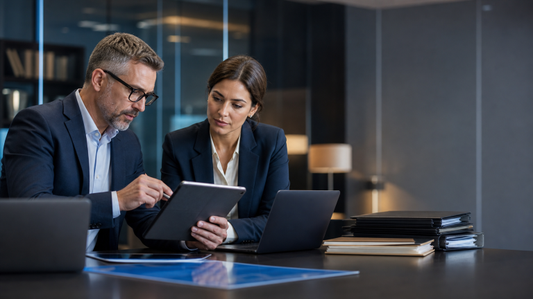 Law firm professional and IT advisor reviewing cybersecurity controls