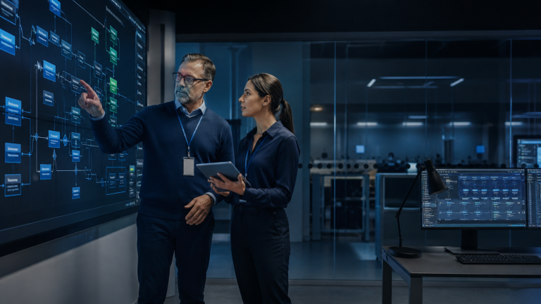 Internal IT manager and security specialist reviewing a shared cybersecurity workflow