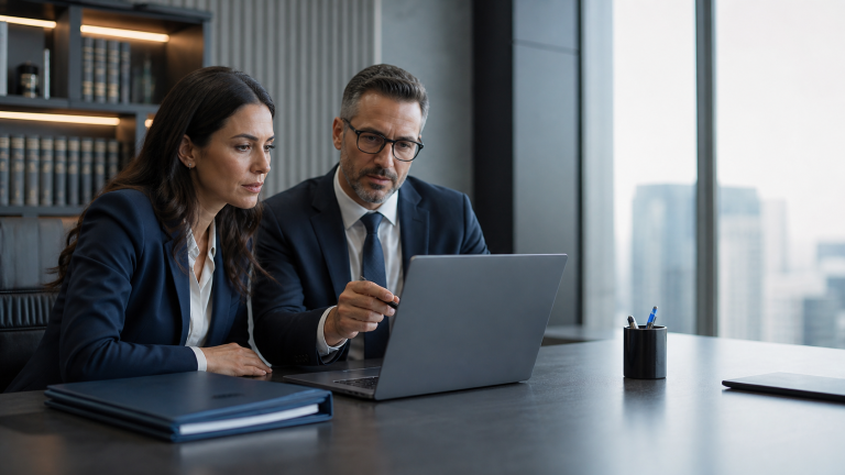 Law firm professionals reviewing productivity and security tools