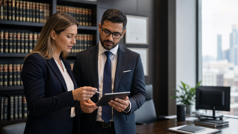 Legal compliance and technology professionals reviewing governance requirements