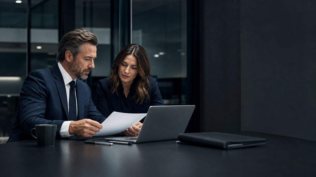 Law firm partner and cybersecurity advisor reviewing a security plan