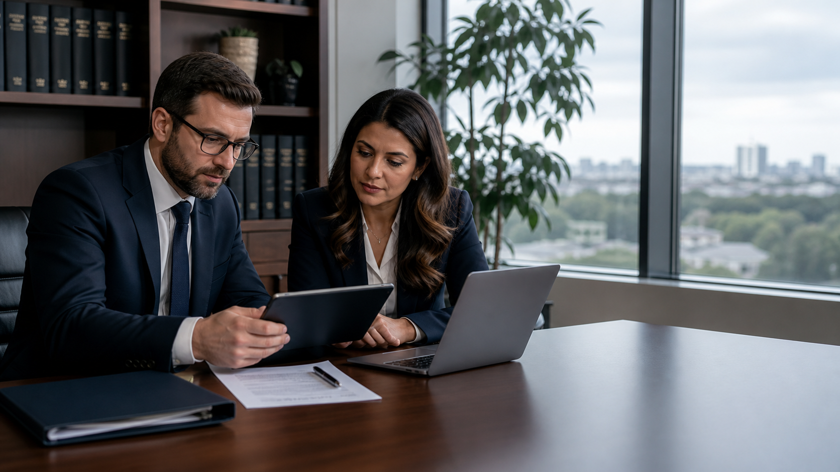 Law firm professionals reviewing a security checklist and laptop