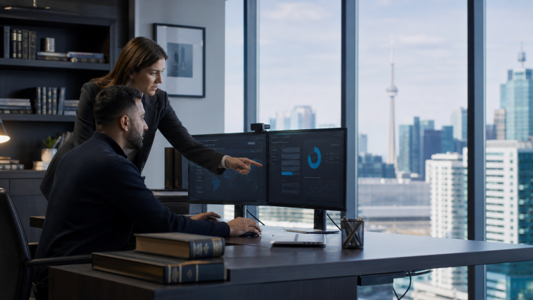 Law firm and IT professionals reviewing secure cloud technology in Toronto