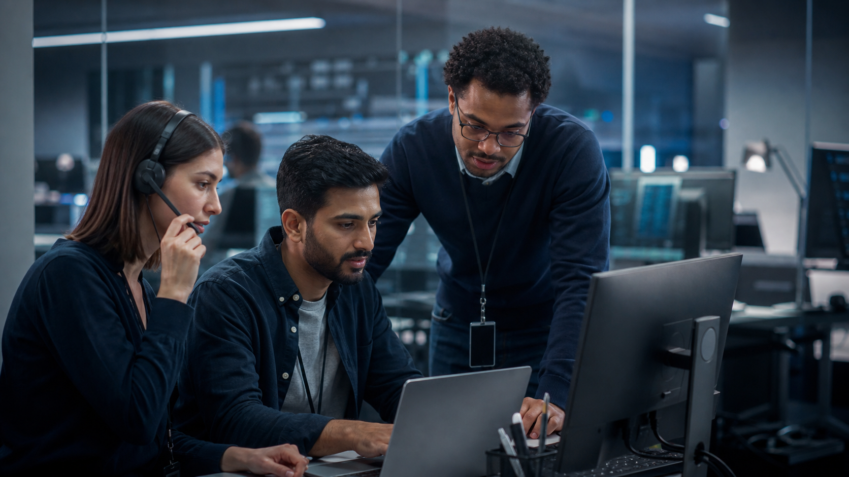 Three IT support professionals collaborating at a workstation